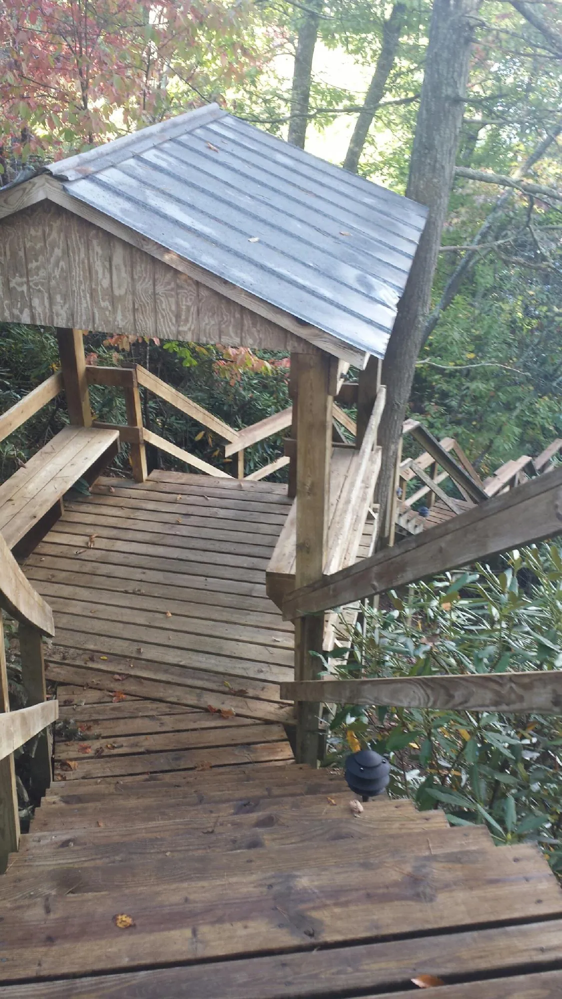 Metal roofed shelter over wooden steps on a wooded walkway — Skylight Repair & Installation work by our crew in Dell